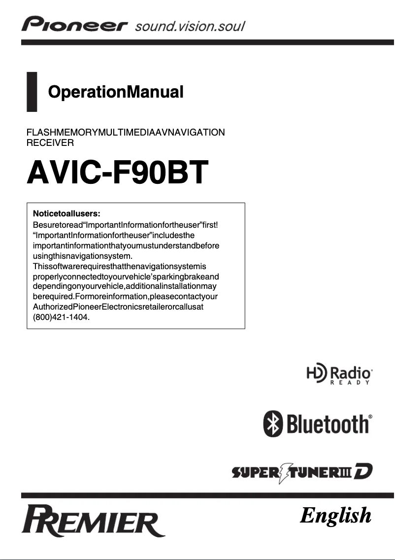 Page 1 de la notice Manuel utilisateur Pioneer AVIC-F90BT