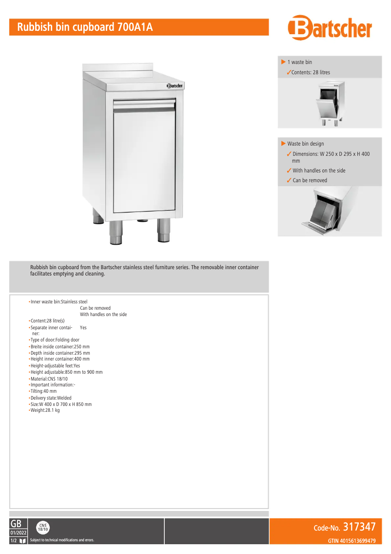Page n°1 - Fiche technique Bartscher 317347