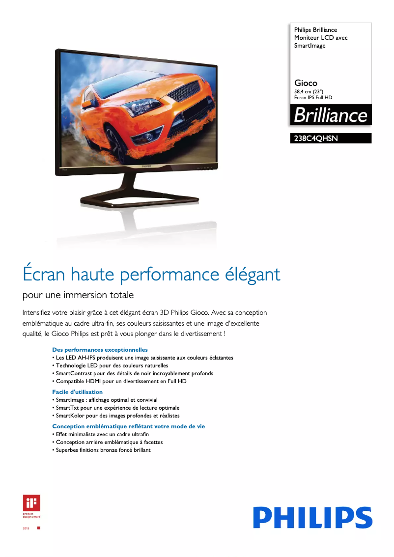 Page 1 de la notice Fiche technique Philips Brilliance 238C4QHSN