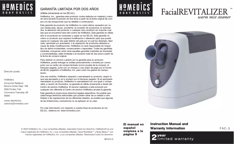 Page 1 de la notice Manuel utilisateur Homedics FacialREVITALIZER FAC-3