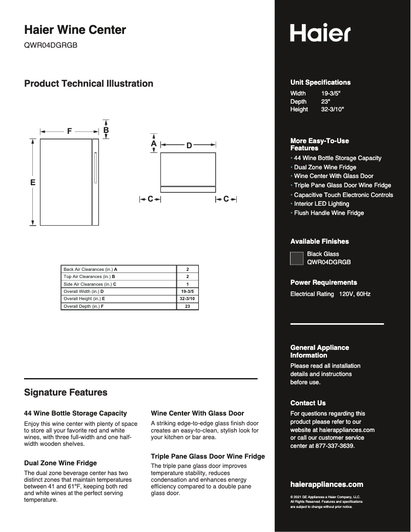 Page 1 de la notice Fiche technique Haier QWR04DGRGB