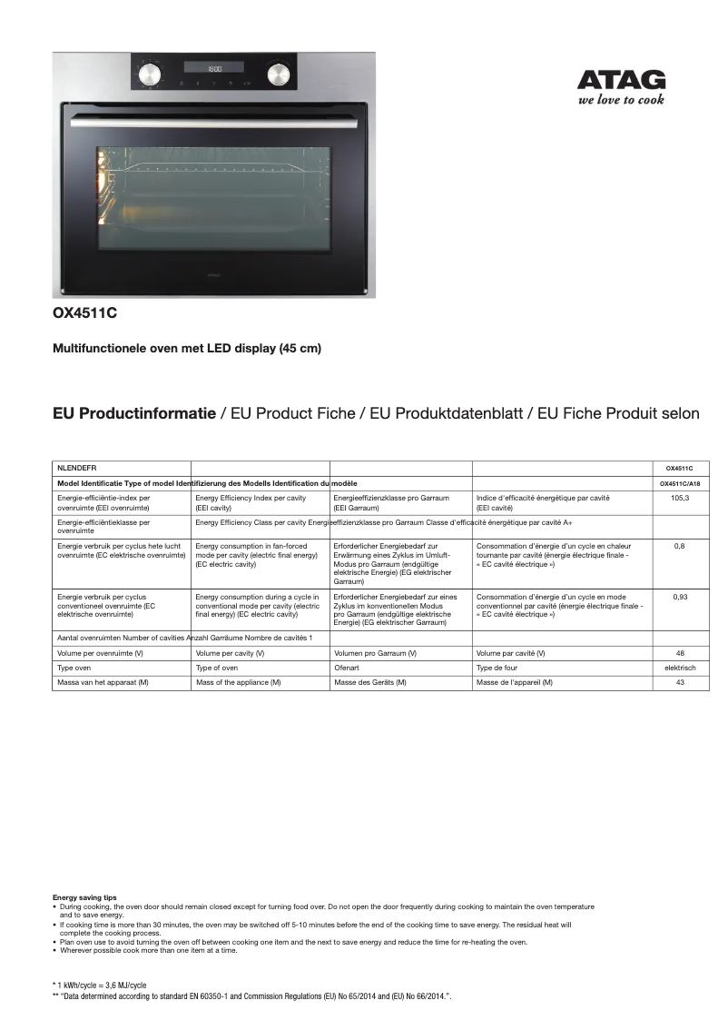 Page n°1 - Fiche technique Atag OX4511C