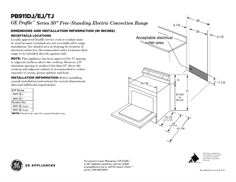 Page n°1 - Fiche technique GE Profile PB911SJSS