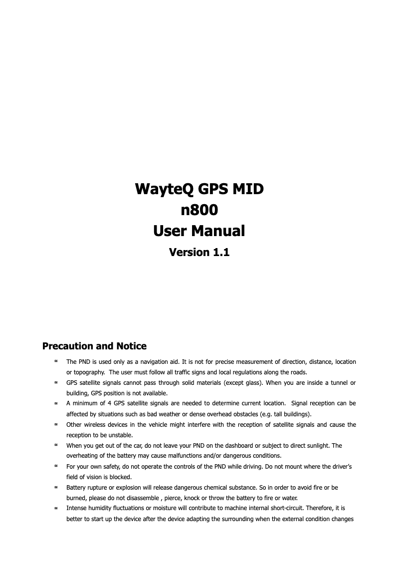 Page 1 de la notice Manuel utilisateur WayteQ N800 GPS MID