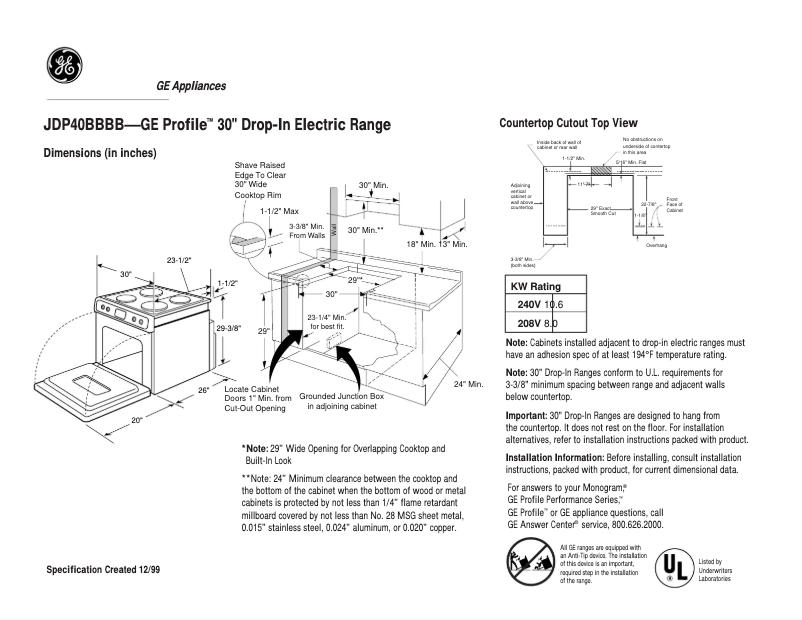 Page n°1 - Fiche technique GE Profile JDP40BBBB