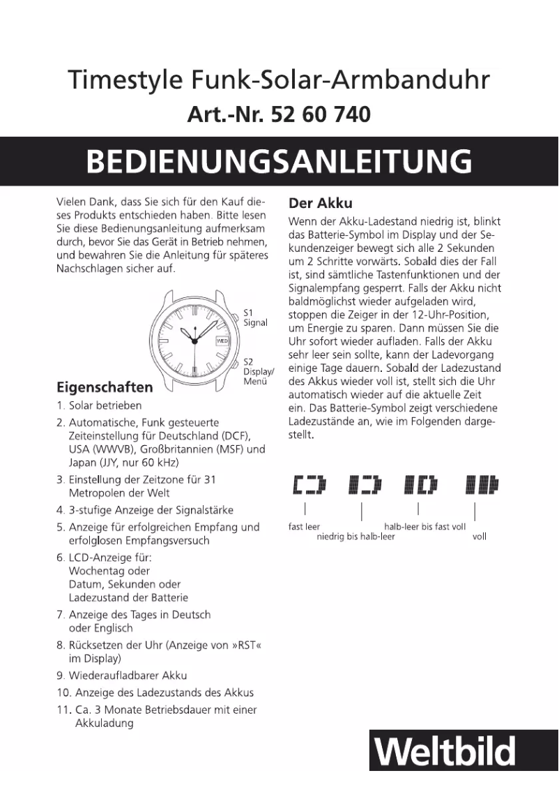 Page 1 de la notice Manuel utilisateur Weltbild 52 60 740