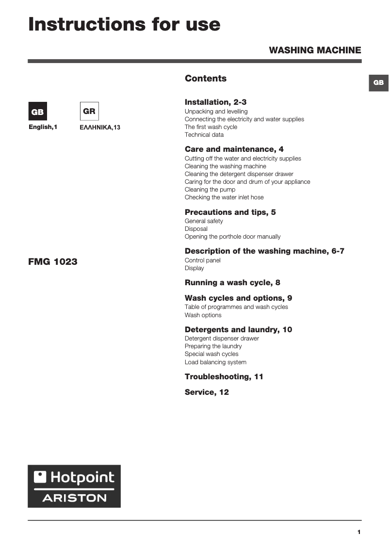 Page n°1 - Manuel utilisateur Hotpoint FMG 1023B EU