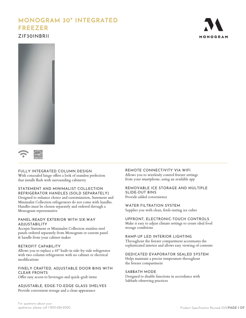 Página 1 del manual Ficha técnica Monogram ZIF301NBRII