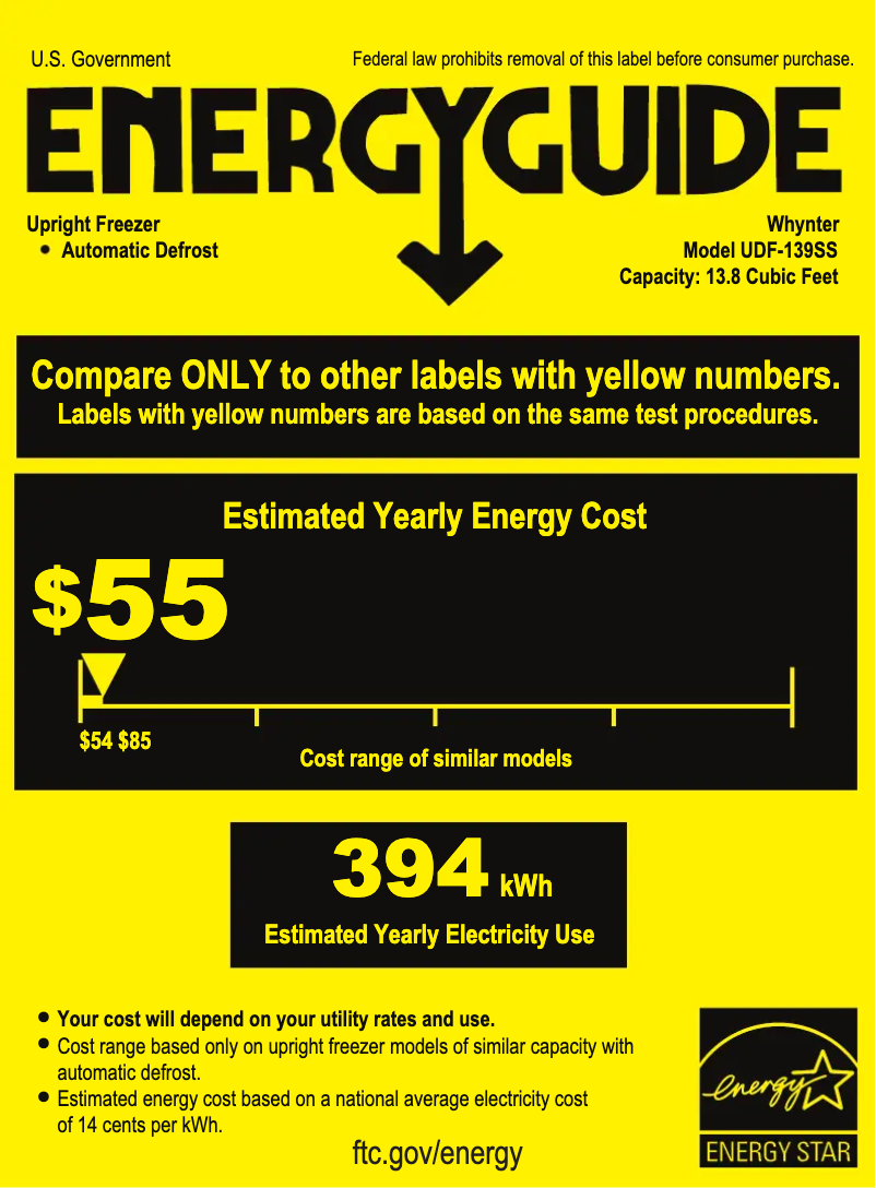 Page 1 de la notice Label énergétique Whynter UDF-139SS
