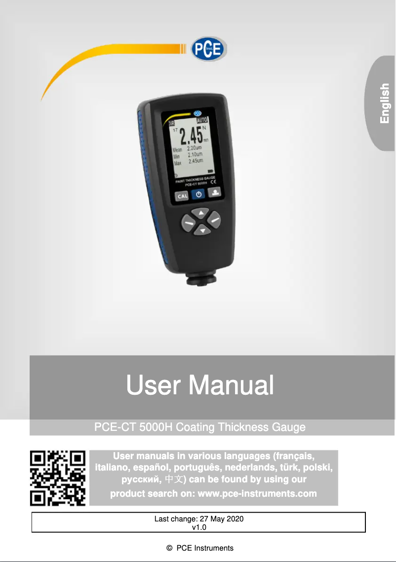 Page 1 of the manual User Manual PCE Instruments PCE-CT 5000H