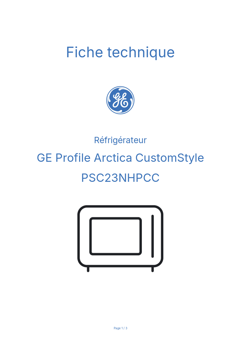 Page n°1 - Fiche technique GE Profile Arctica CustomStyle PSC23NHPCC