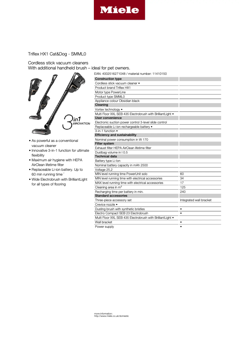 Page n°1 - Fiche technique Miele Triflex HX1 Cat & Dog