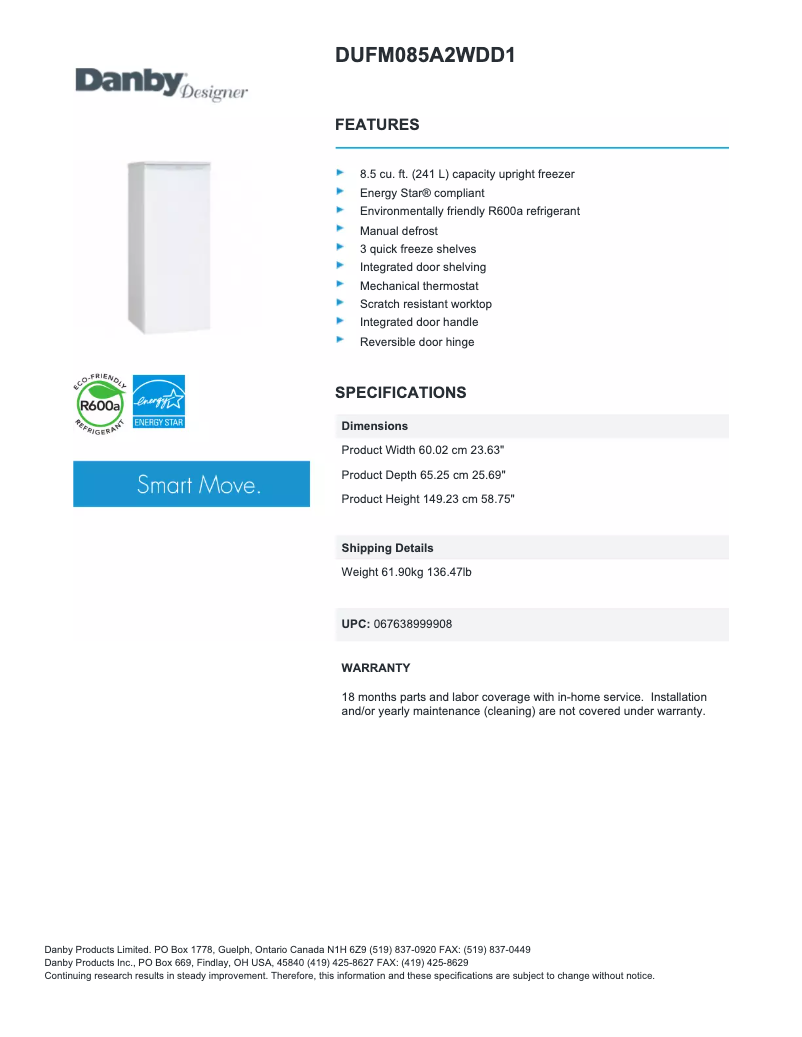 Page n°1 - Fiche technique Danby DUFM085A2