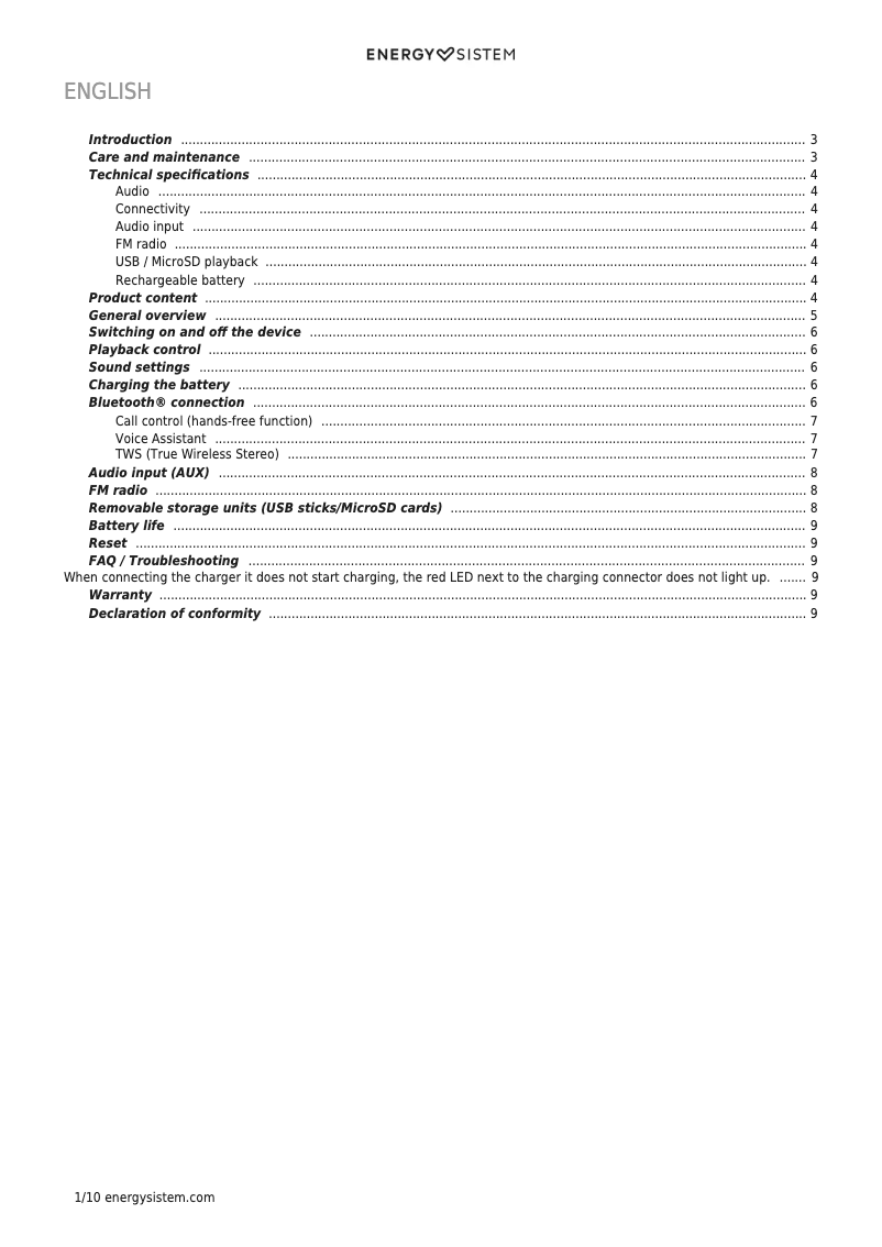 Page 1 de la notice Manuel utilisateur Energy Sistem Music Box 9+