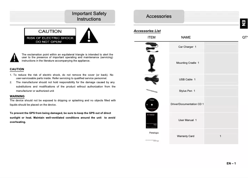 Page n°1 - Manuel utilisateur Prestigio GeoVision 5050BT