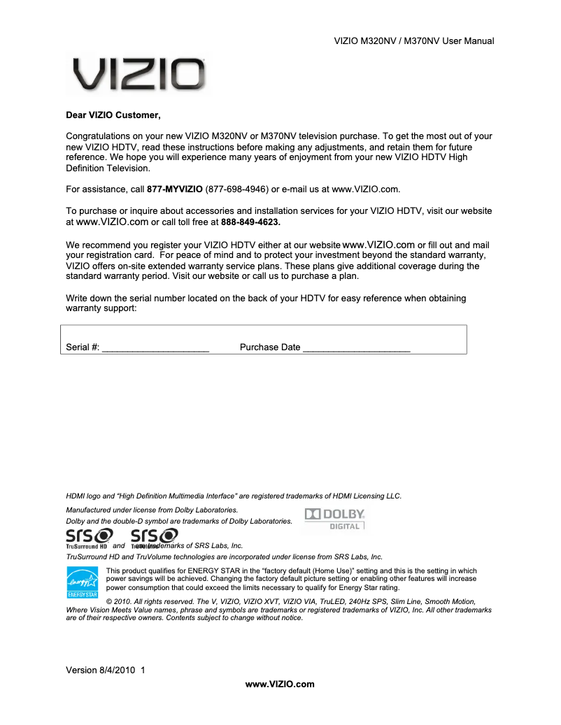 Page 1 de la notice Manuel utilisateur VIZIO M370NV