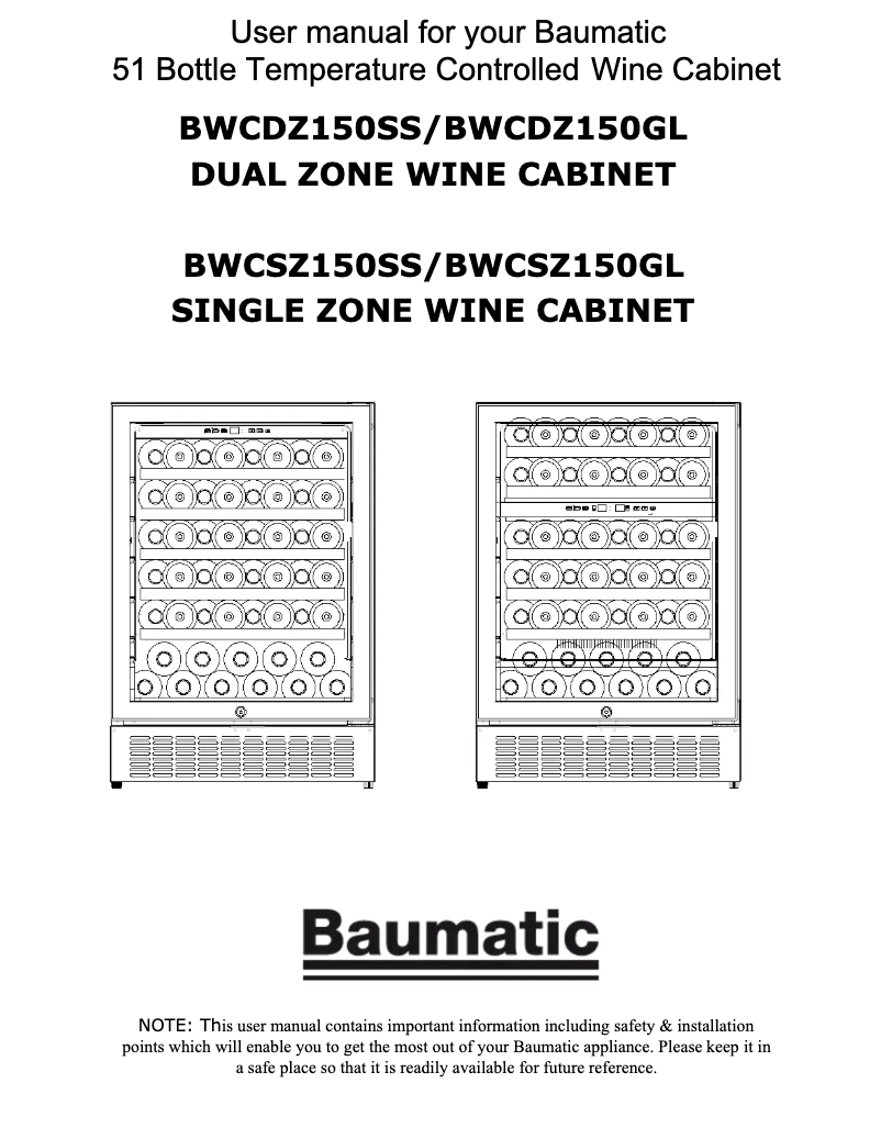 Page 1 de la notice Manuel utilisateur Baumatic BWCSZ150SS