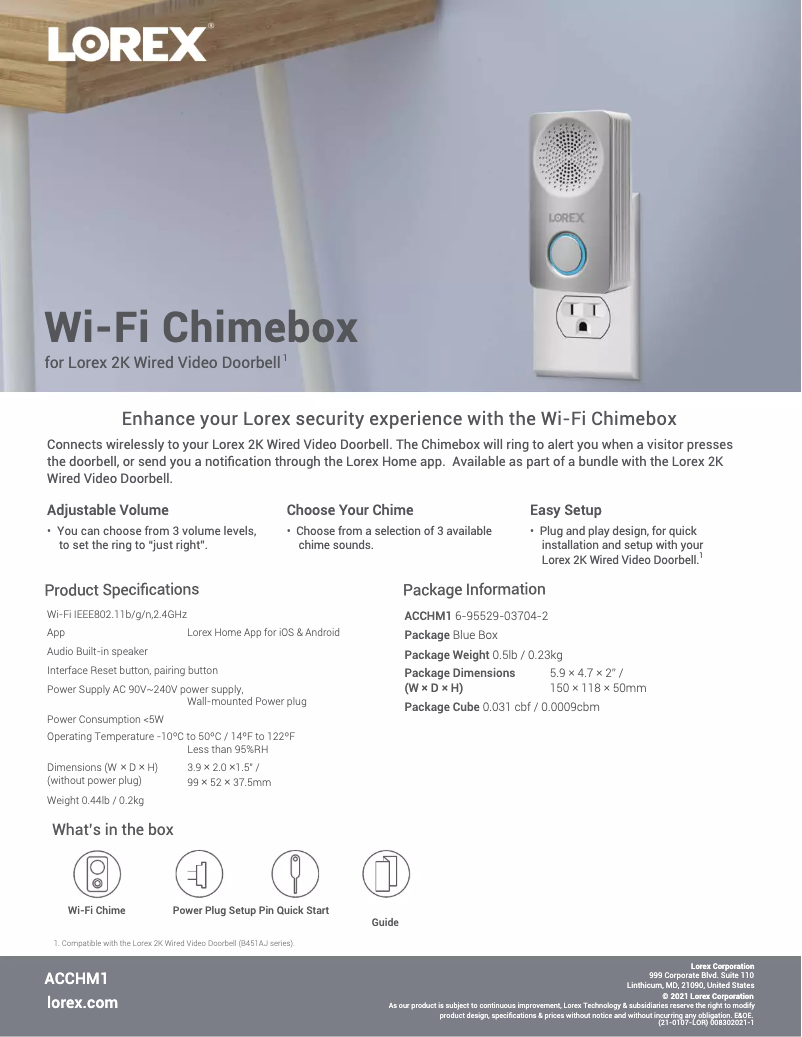 Página 1 del manual Ficha técnica Lorex ACCHM1