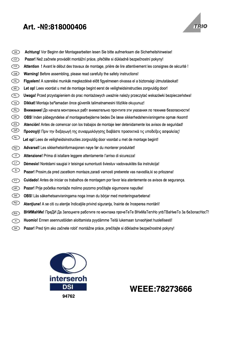 Page n°1 - Manuel utilisateur Trio Lighting Bowie 818000406