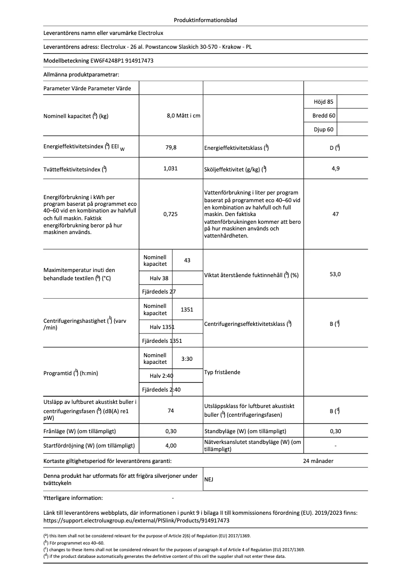 Page n°1 - Fiche technique Electrolux EW6F4248P1
