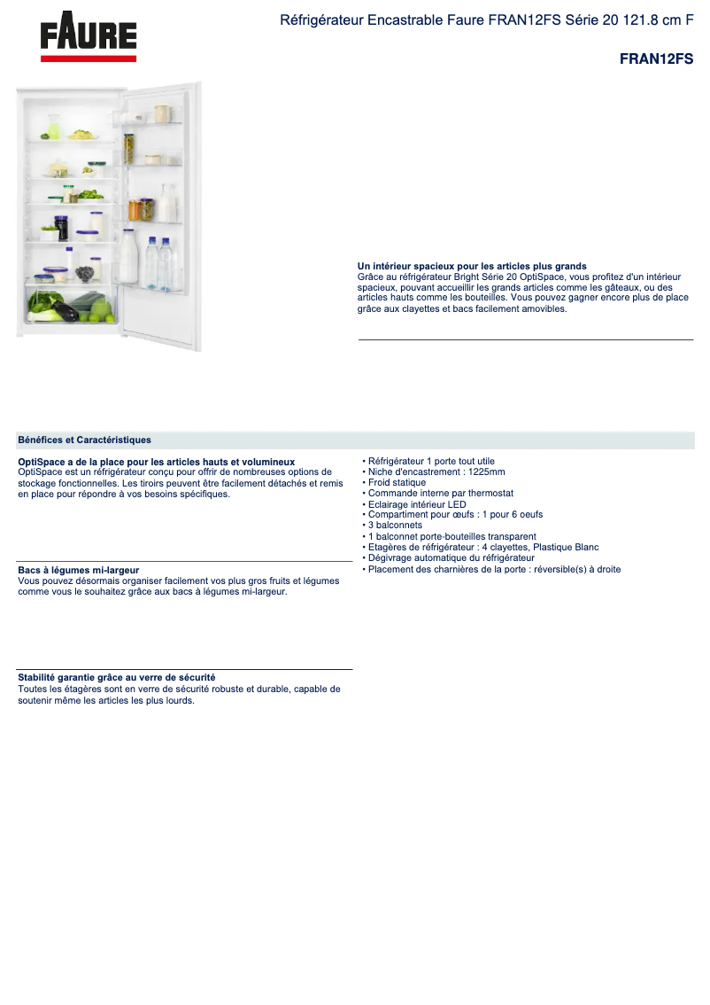 Page 1 de la notice Fiche technique Faure FRAN12FS