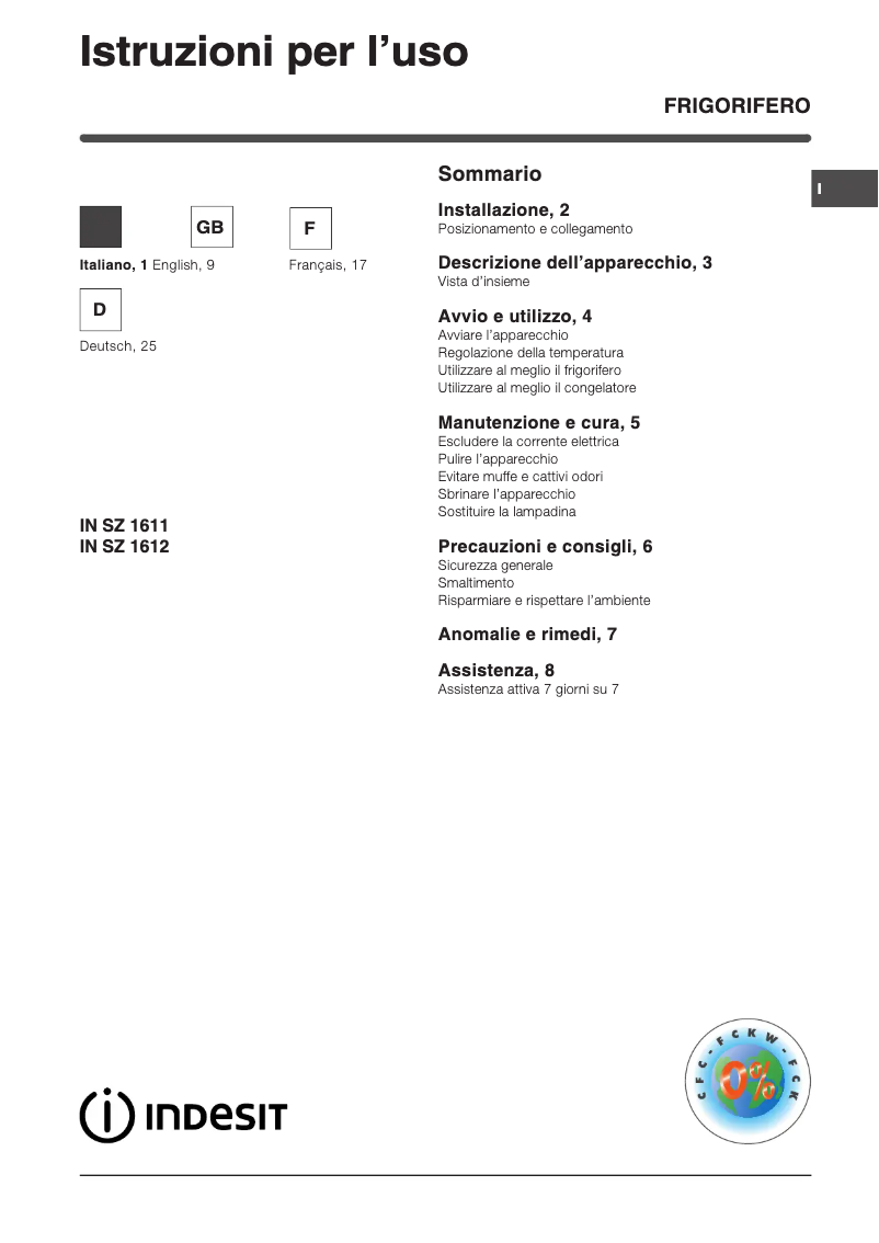 Page 1 de la notice Manuel utilisateur Indesit IN SZ 1612