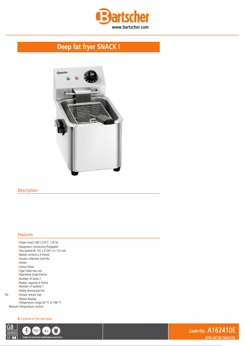 Page n°1 - Fiche technique Bartscher Snack I A162410E