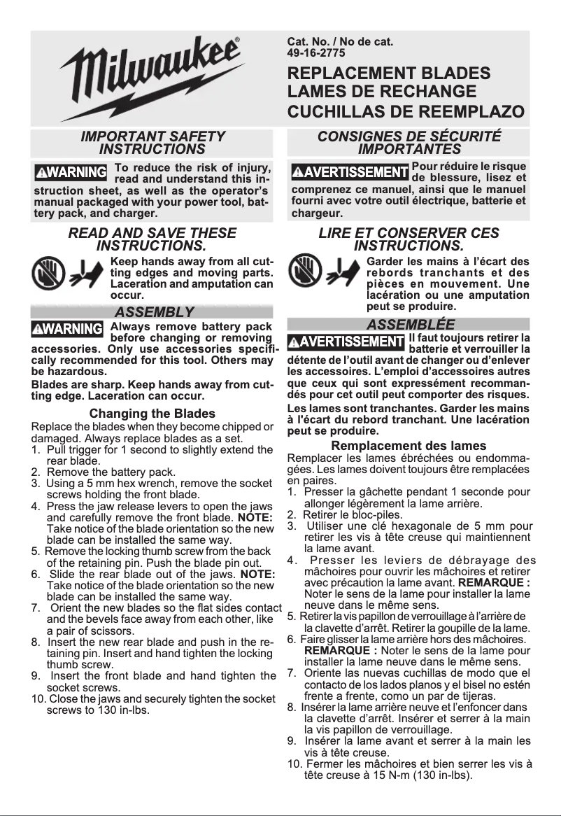 Page 1 de la notice Manuel utilisateur Milwaukee 49-16-2775