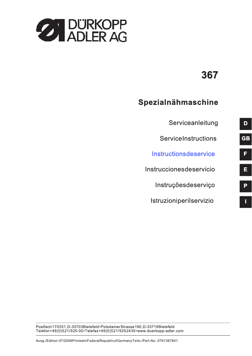 Page n°1 - Manuel utilisateur Dürkopp Adler 367
