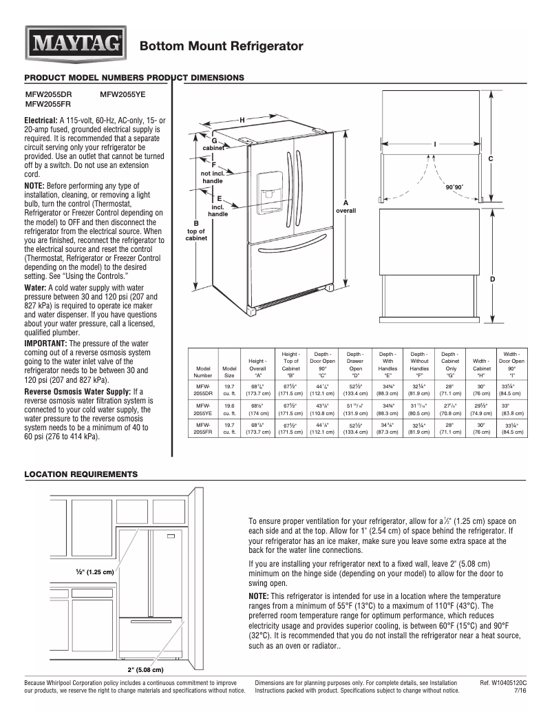 Page 1 de la notice Fiche technique Maytag MFW2055