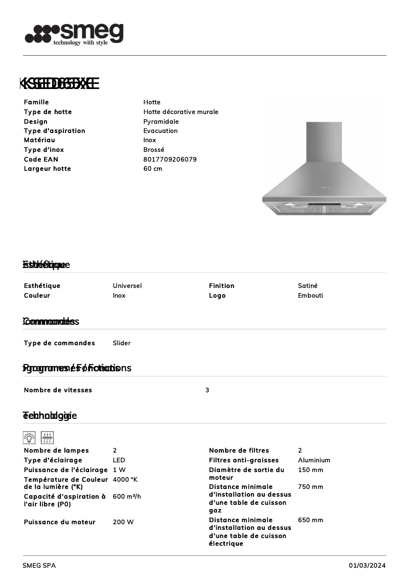Page 1 de la notice Fiche technique Smeg KSED65XE