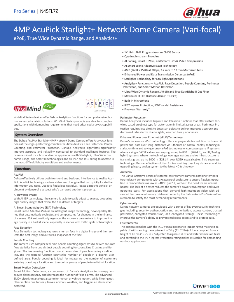 Page 1 de la notice Fiche technique Dahua Technology N45FL7Z