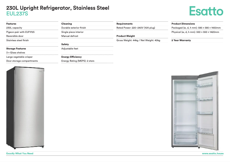 Page 1 de la notice Fiche technique Esatto EUL237S