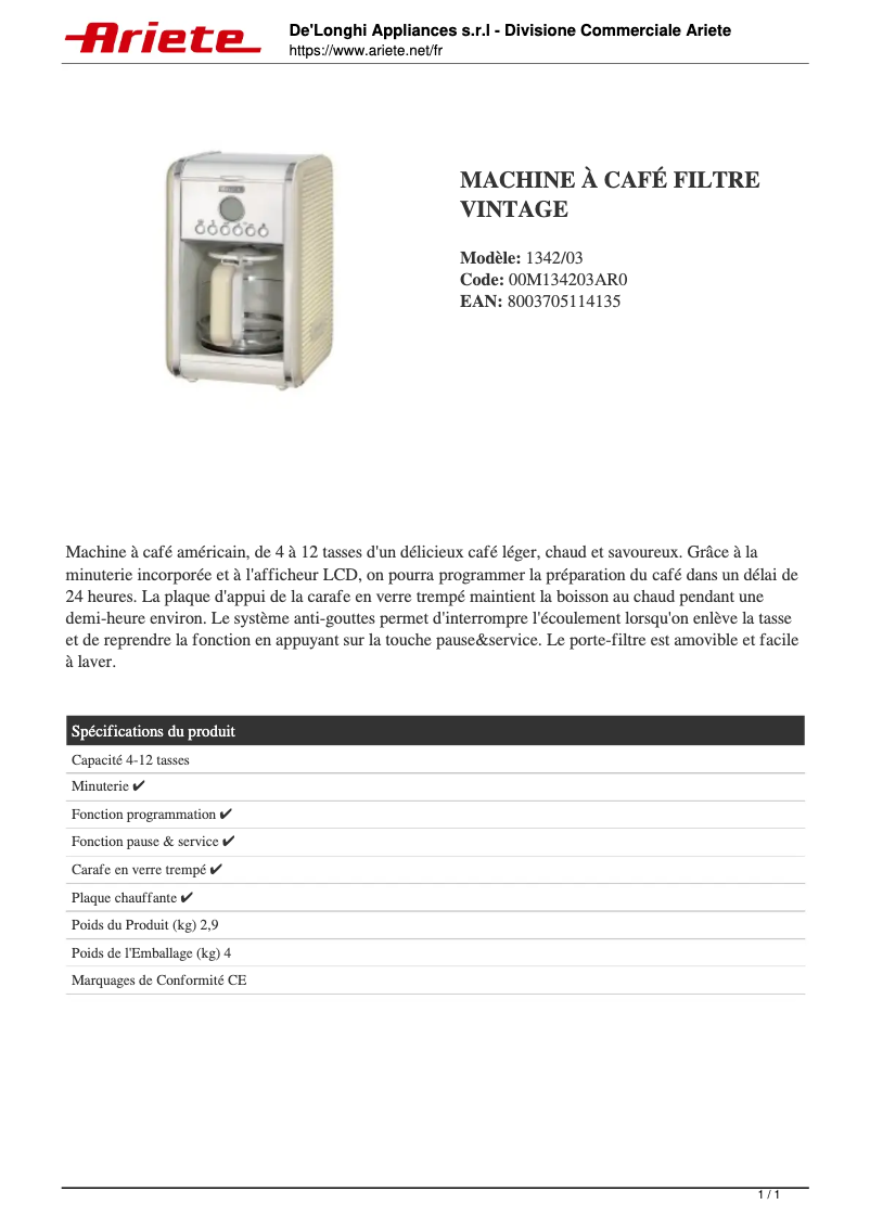 Page 1 de la notice Fiche technique Ariete Cafe Vintage 1342