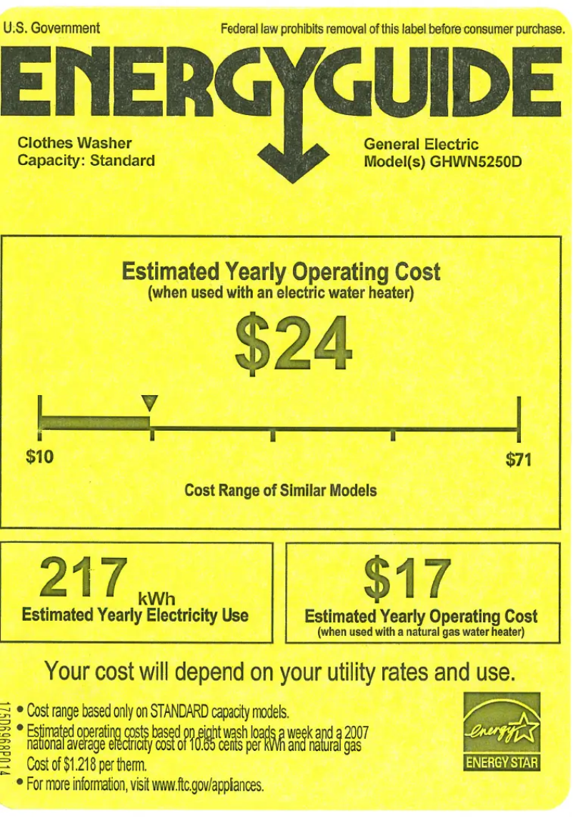 Page 1 de la notice Label énergétique GE GHWN5250DWS