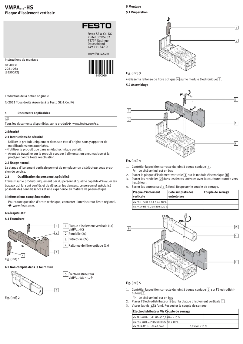 Page 1 de la notice Manuel utilisateur Festo VMPA14-HS