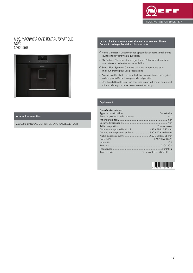 Page 1 de la notice Fiche technique Neff C17KS61H0