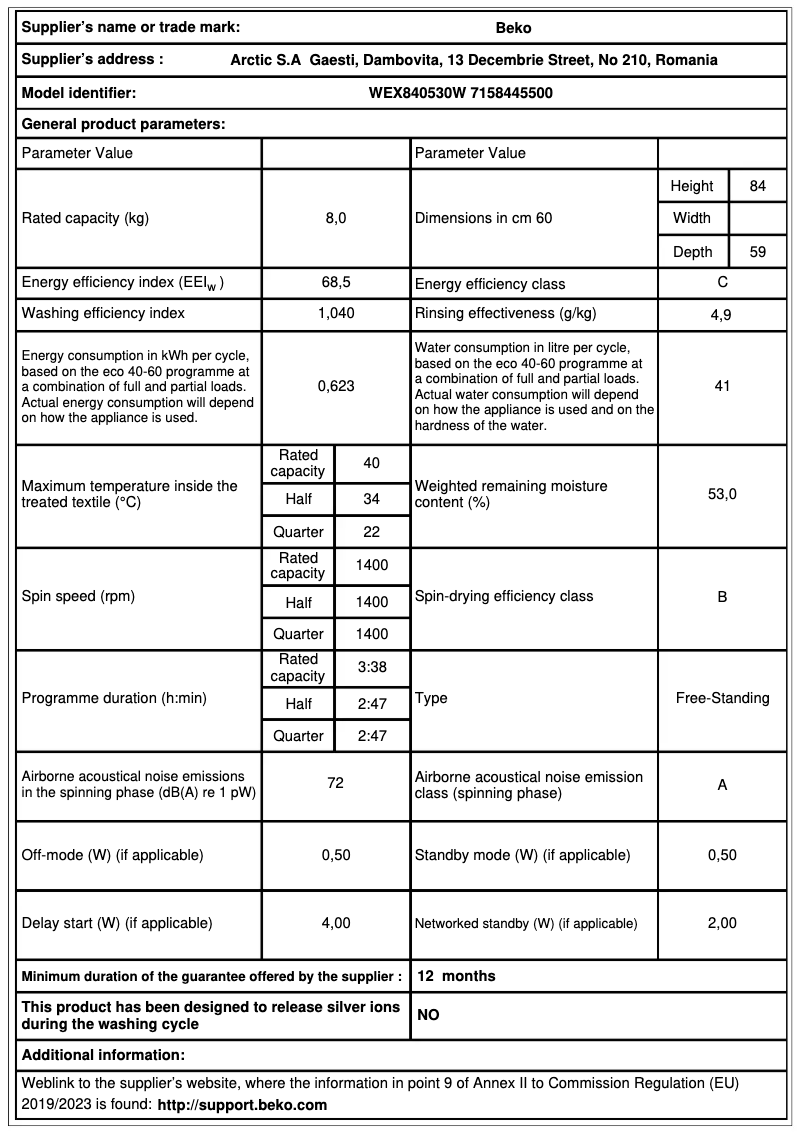 Page 1 de la notice Fiche technique Beko WEX840530W