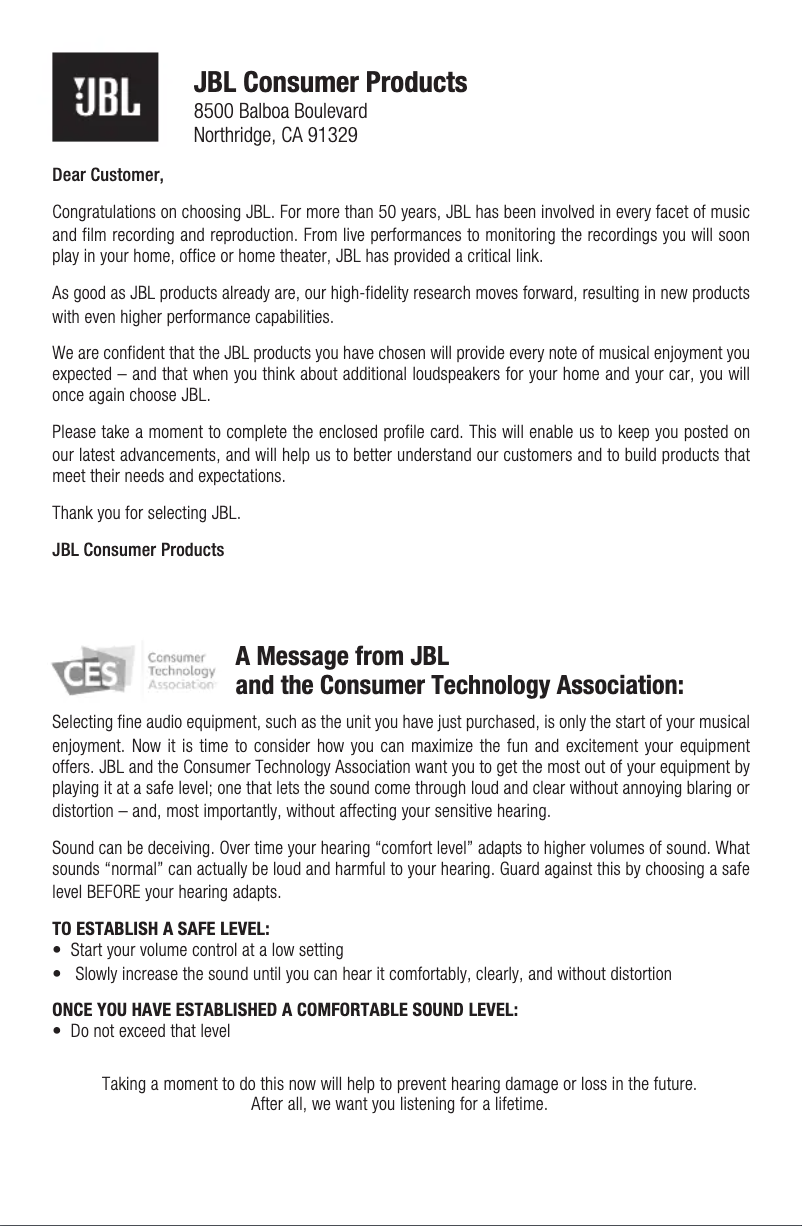 Page n°1 - Informations de garantie JBL Club 522F