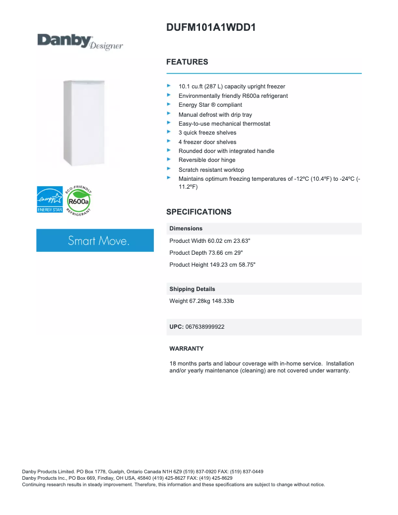 Page n°1 - Fiche technique Danby DUFM101A1
