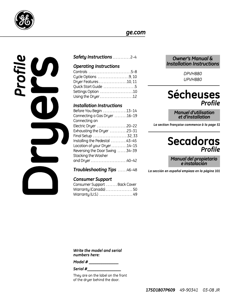 Page n°1 - Manuel utilisateur GE UPVH880EJWW