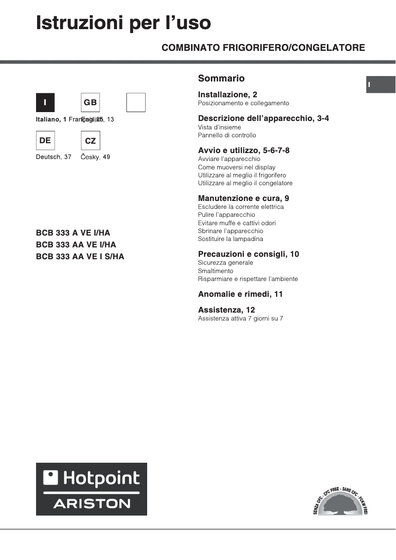 Page 1 de la notice Manuel utilisateur Hotpoint Ariston BCB 333