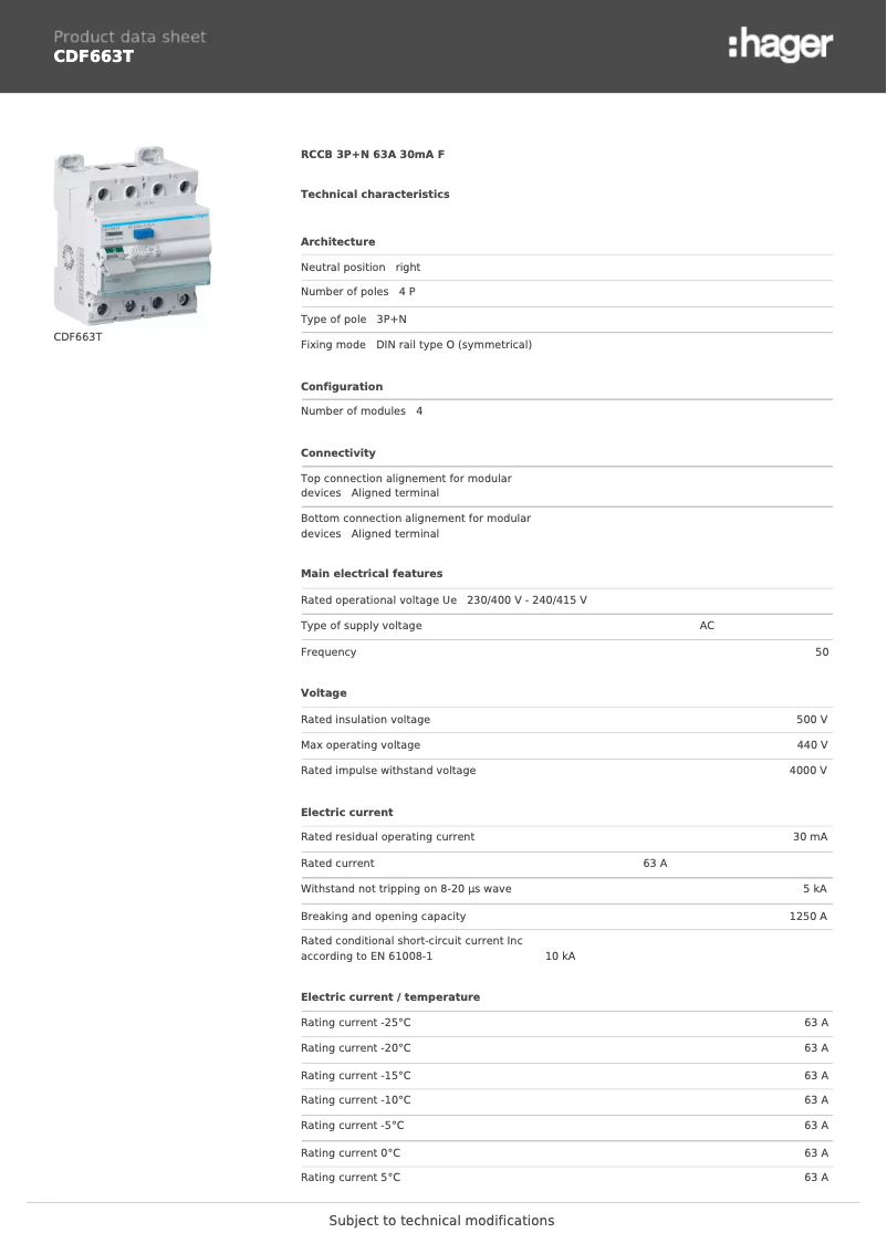 Page 1 de la notice Fiche technique Hager CDF663T