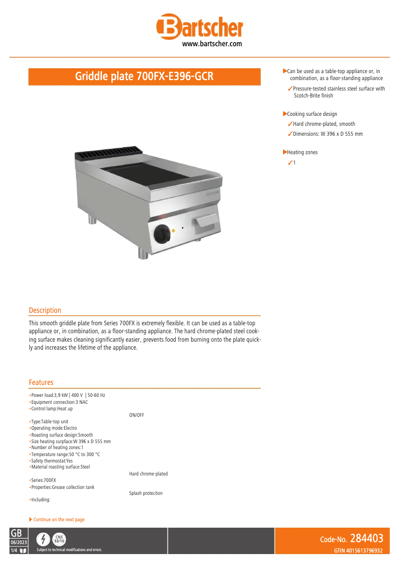 Page n°1 - Fiche technique Bartscher 700FX-E396-GCR