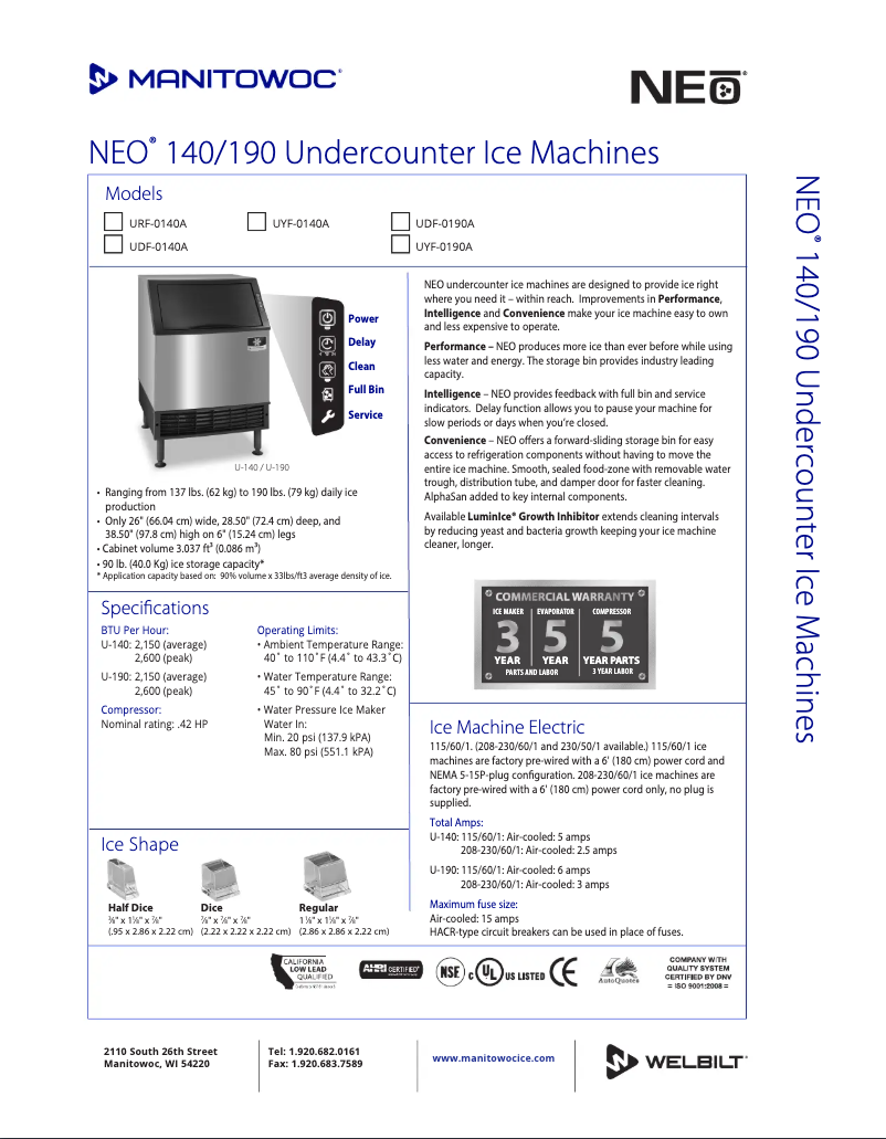 Page n°1 - Fiche technique Manitowoc UD-0190A