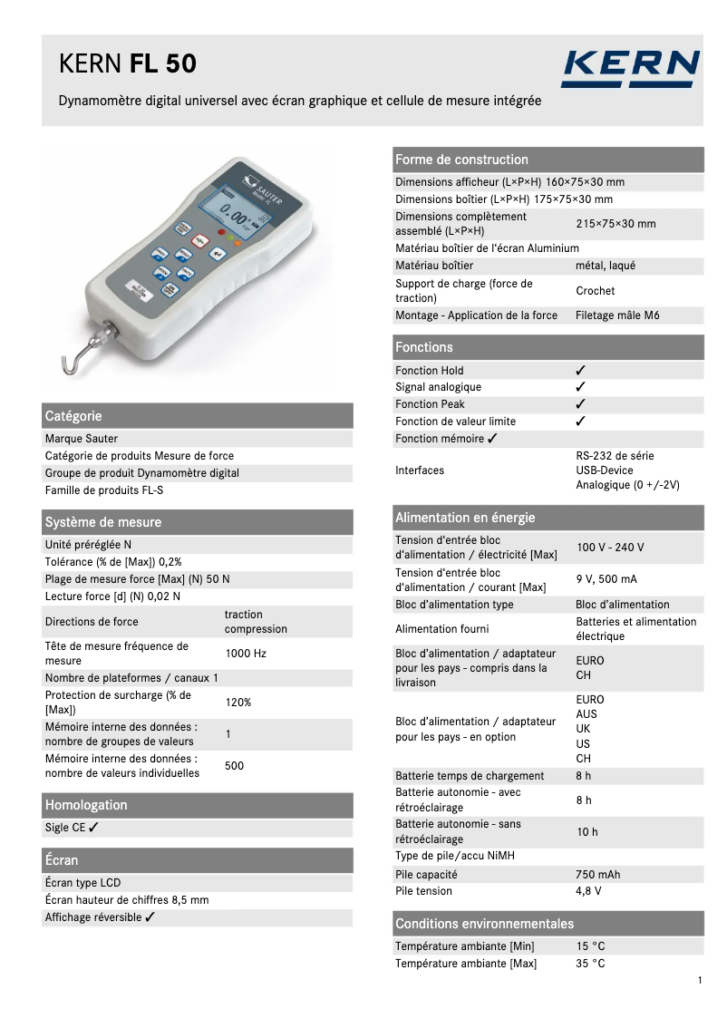 Page 1 de la notice Fiche technique Kern FL 50