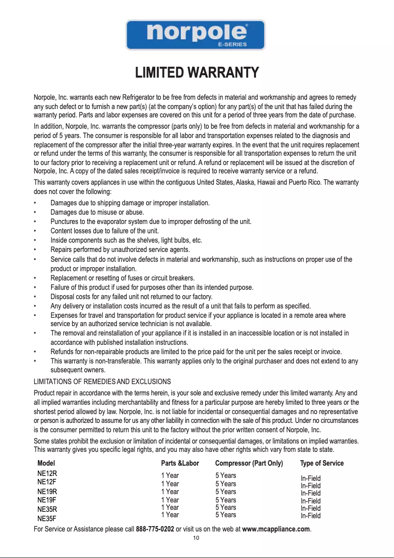 Page n°1 - Informations de garantie Norpole NE12R