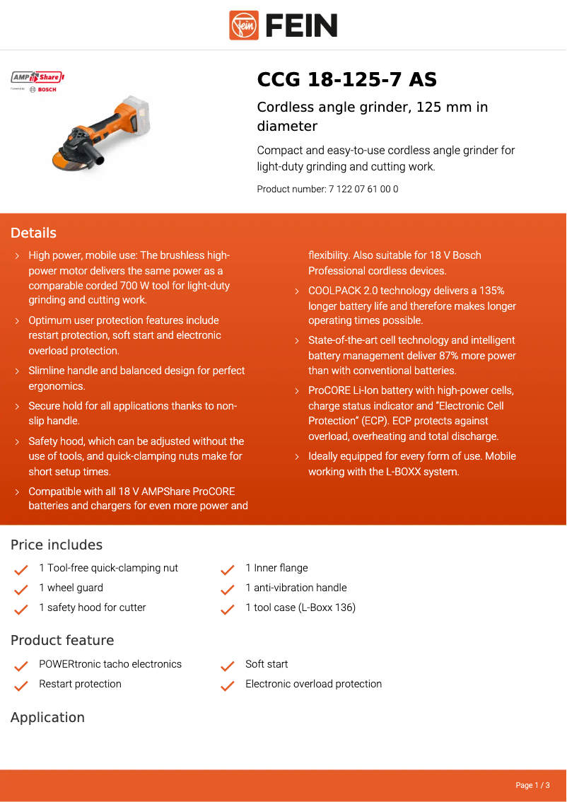 Page n°1 - Fiche technique Fein CCG 18-125-7 AS