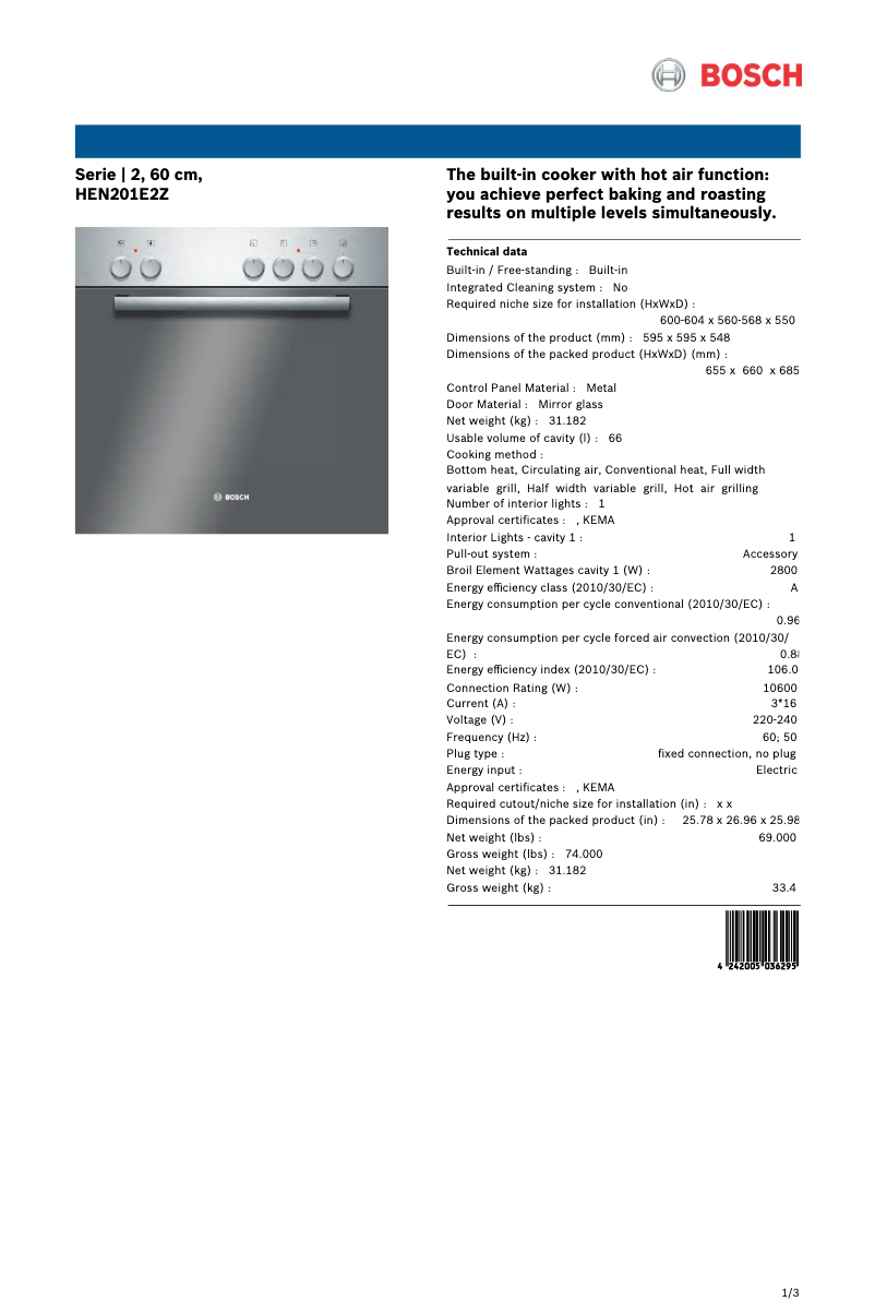 Page 1 de la notice Fiche technique Bosch HEN201E2Z
