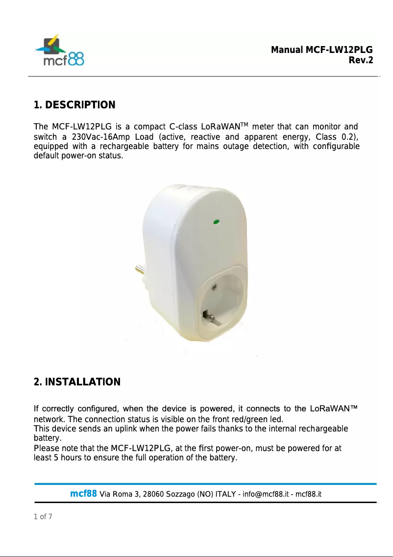 Page n°1 - Manuel utilisateur MCF88 MCF-LW12PLG